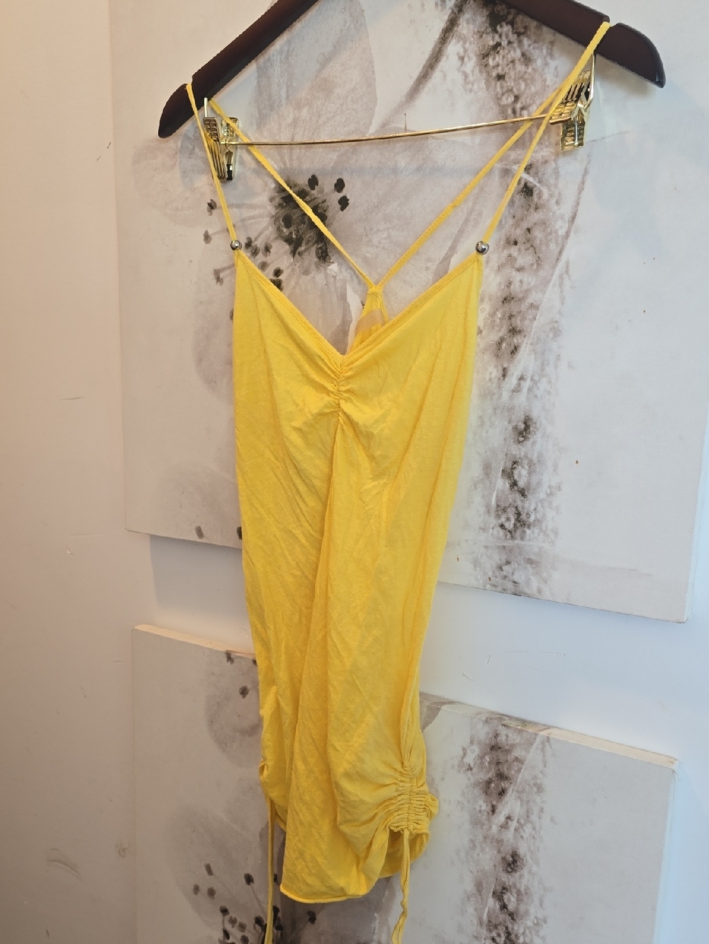 Yellow Ruched Spaghetti Strap Dress - S